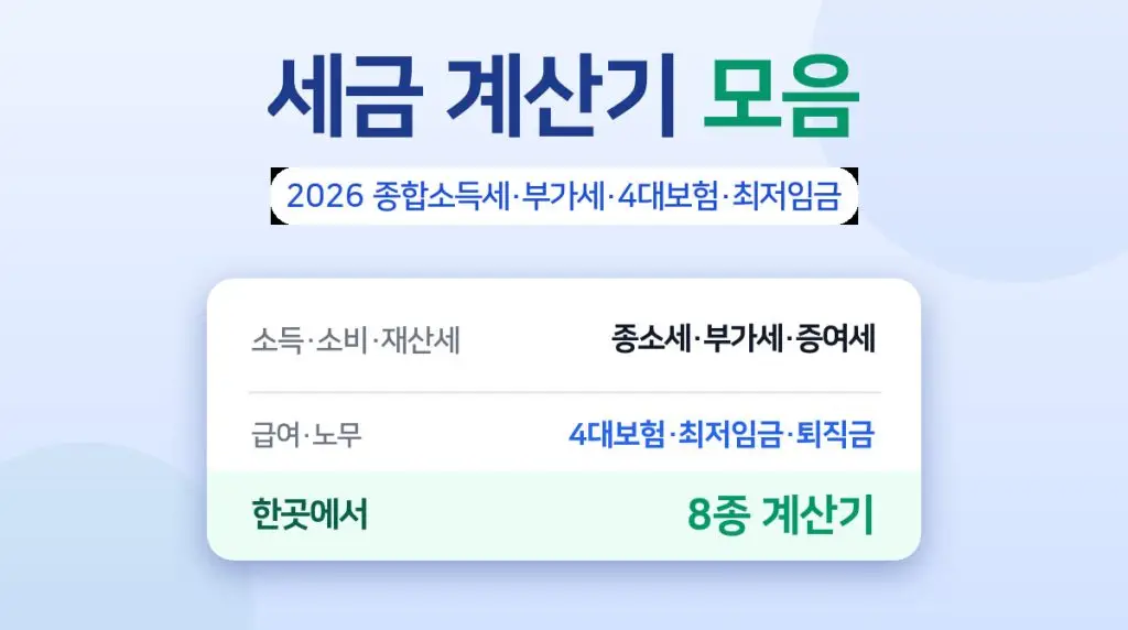 세금 계산기 모음 – 종합소득세·부가세·4대보험·최저임금 등 8종