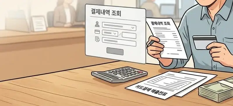 이지페이 영수증 조회와 카드결제 매출전표 확인을 설명하는 삽화